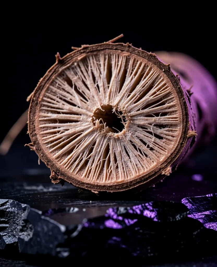 Macro study of a botanical root on dark stone