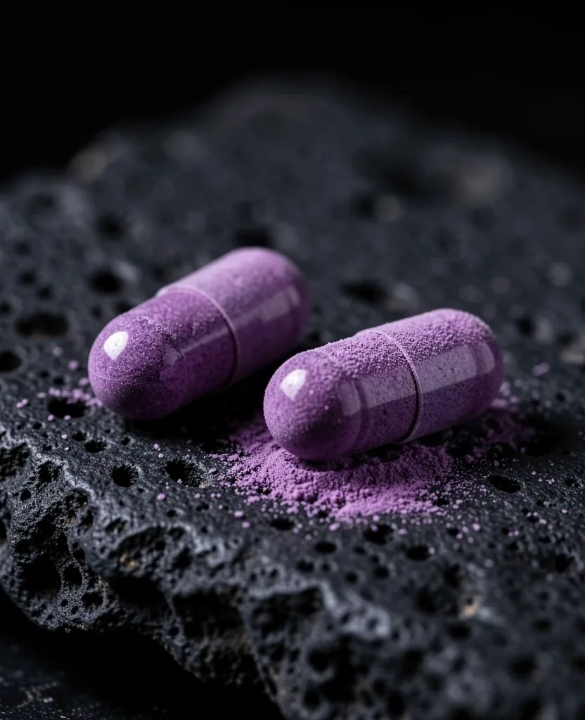 Natural supplement capsules on dark stone