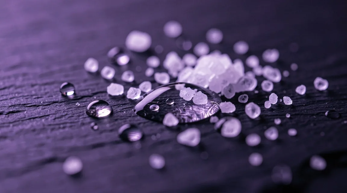 Water droplets and mineral salt on dark surface