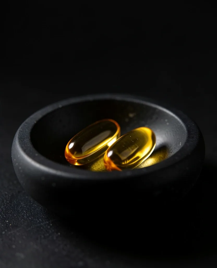Natural supplement capsule on dark surface