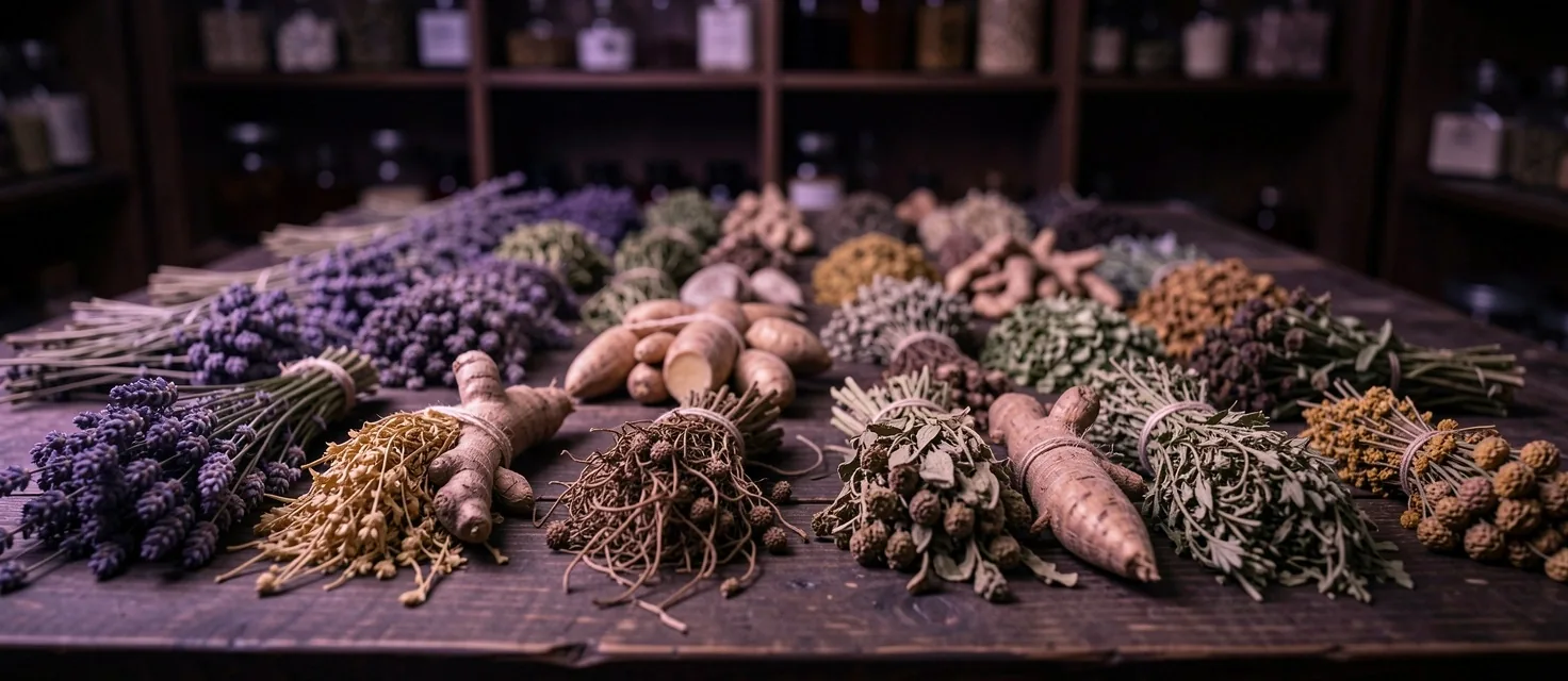 Dried botanical herbs arranged on dark surface