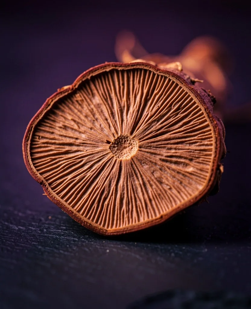 Ginseng root cross-section on dark surface