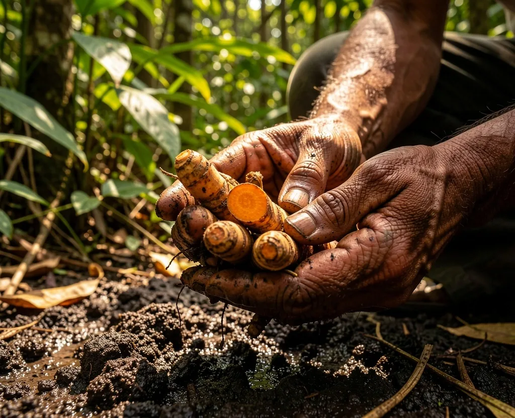 Hands holding freshly harvested botanical roots