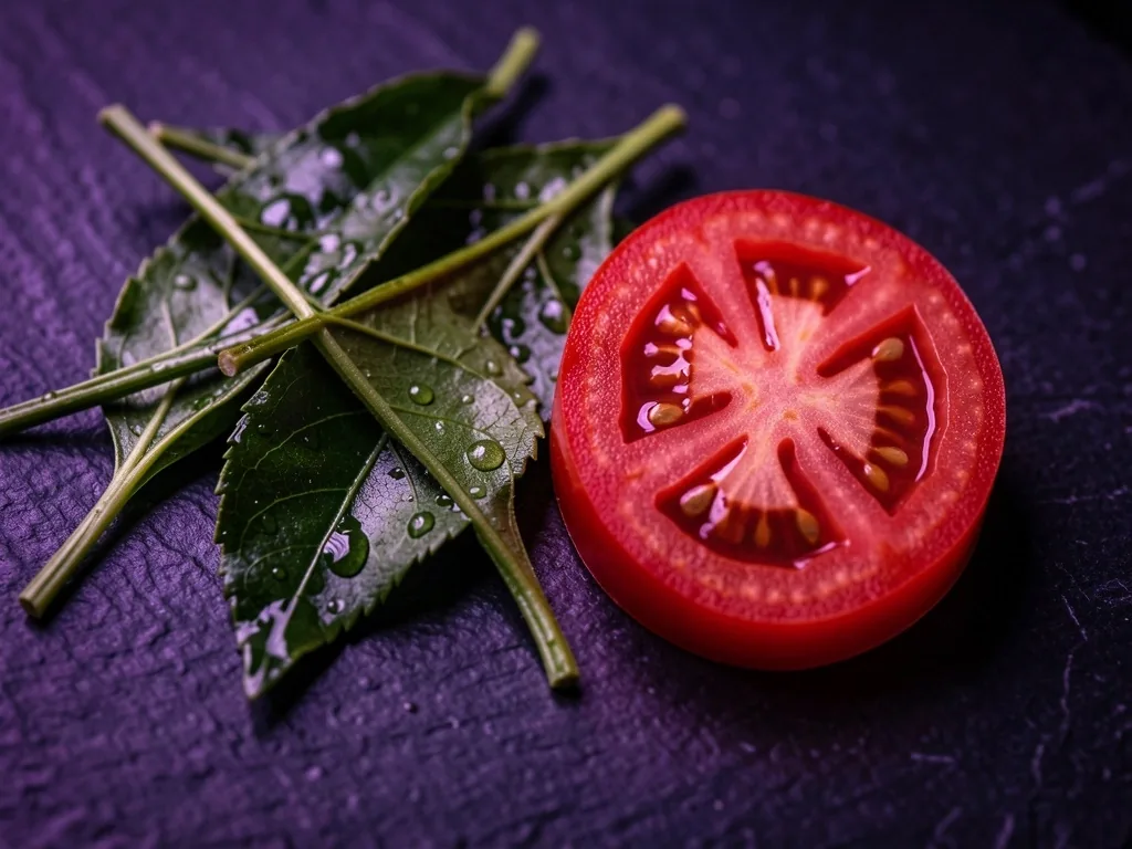 Green tea leaves and lycopene-rich tomato on dark surface