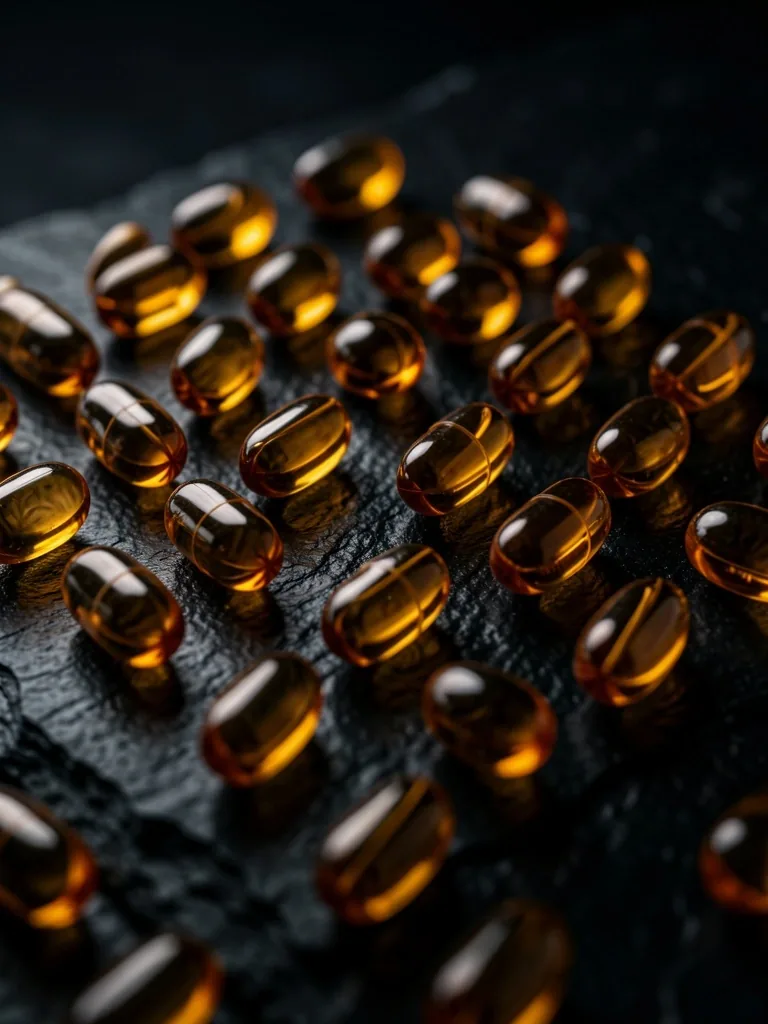 Macro view of vitamin capsules on dark stone surface