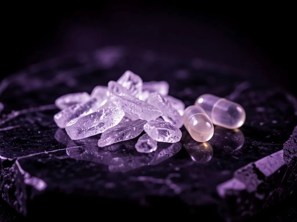 Magnesium mineral crystals and capsules on dark stone