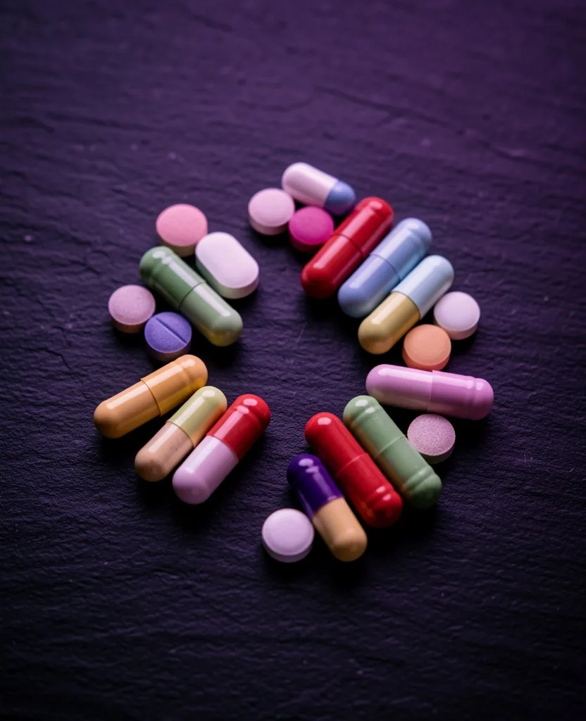 Sorted vitamin capsules and tablets on dark surface