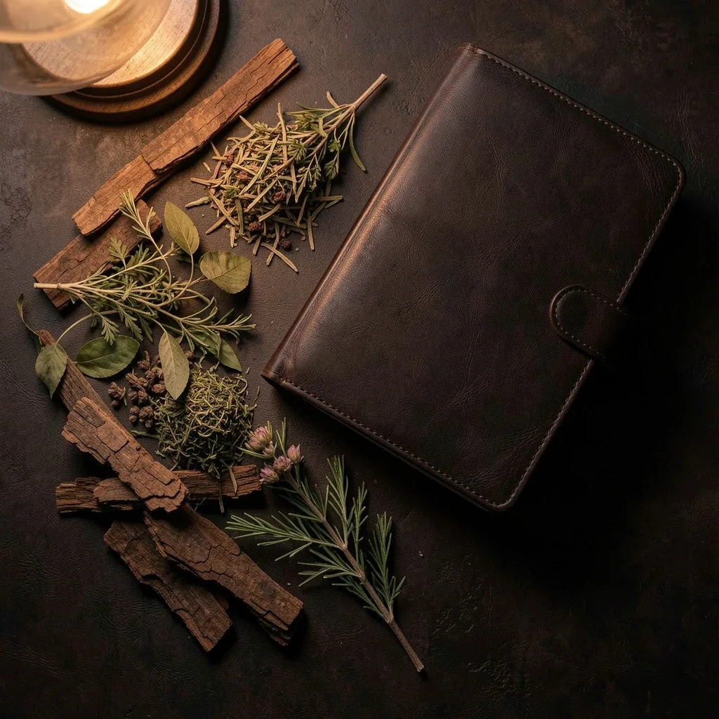 Dried herbs on a dark desk
